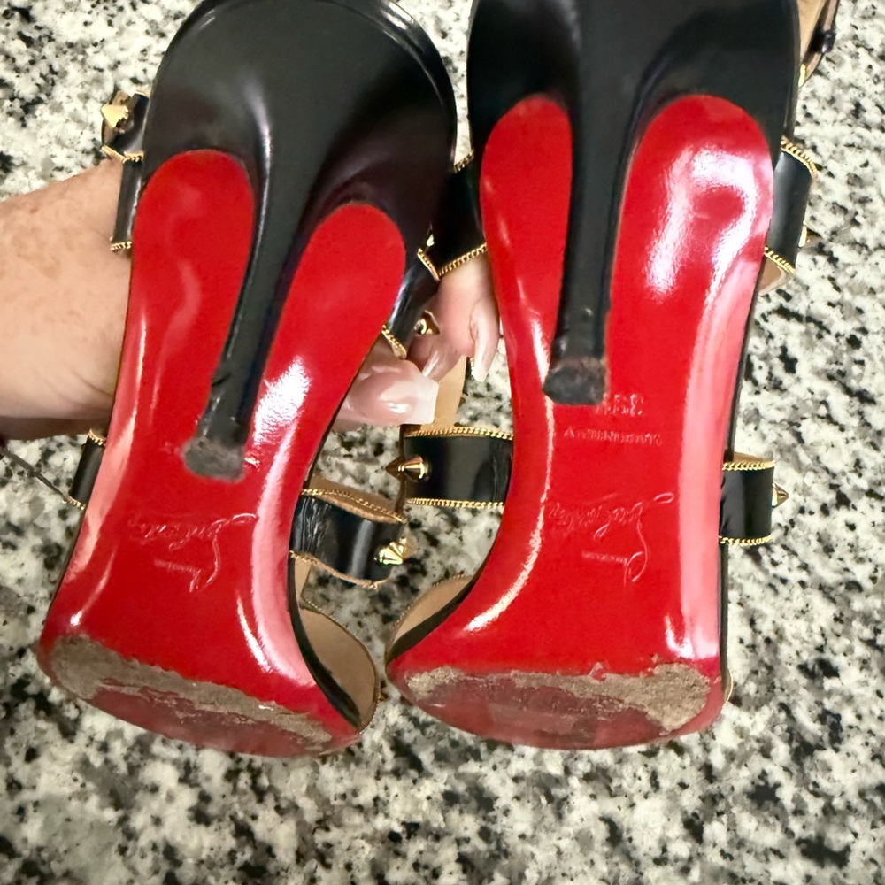 👠 Christian Louboutin Red Bottoms- Black and Gold Strappy Studded Heels 39.5 - Picture 3 of 8